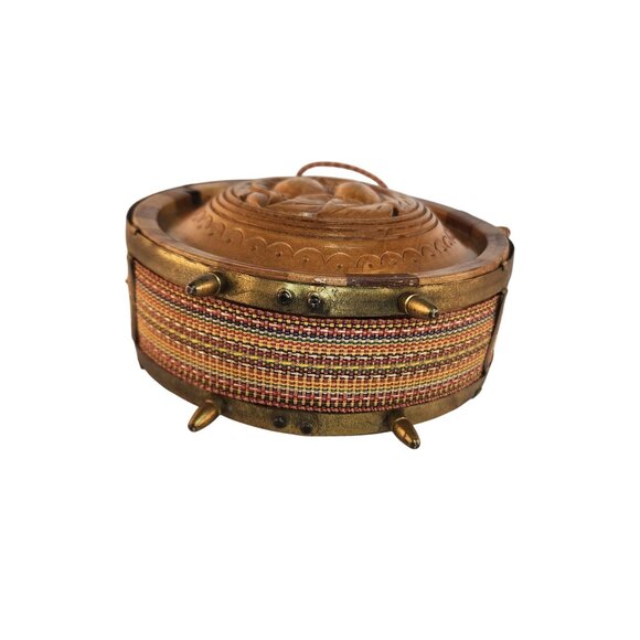 Handcrafted Wooden Water Canteen Decanter Flask Brass Feet Folk Art Barware Deco - Picture 4 of 12